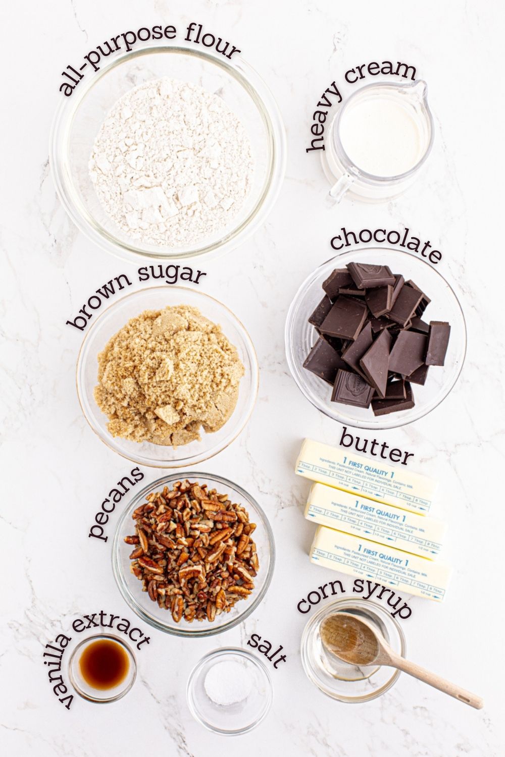 overhead view of ingredients for butter pecan turtle bars