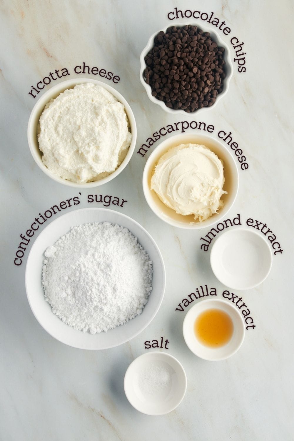overhead view of ingredients for cannoli dip