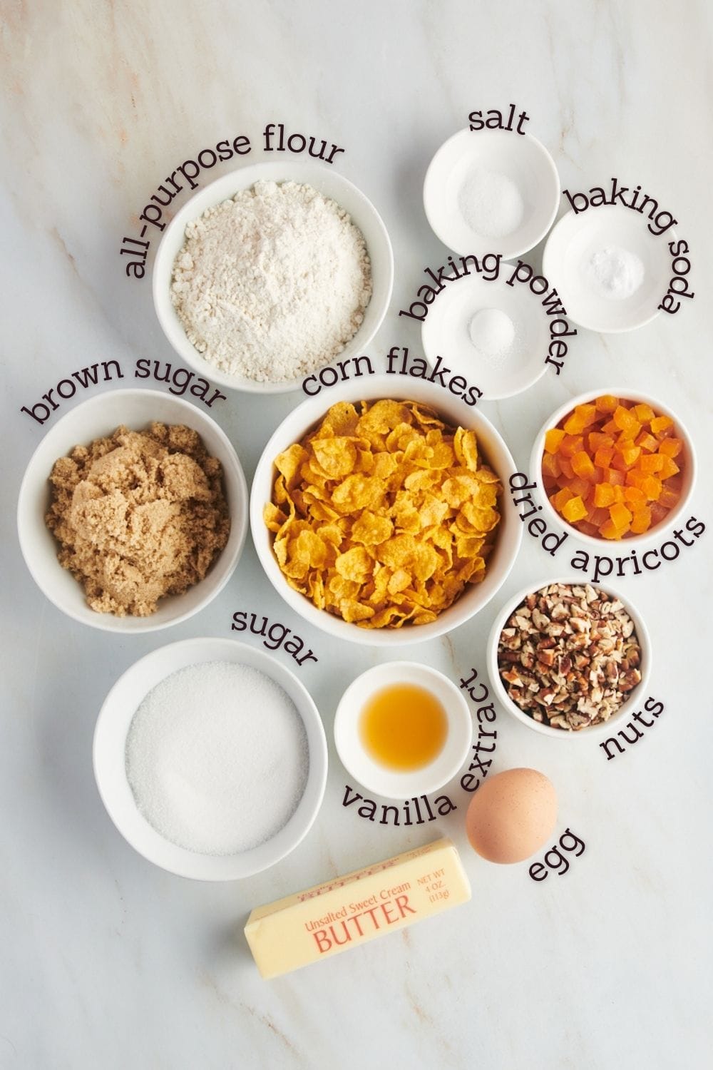 Overhead view of ingredients for cornflake cookies