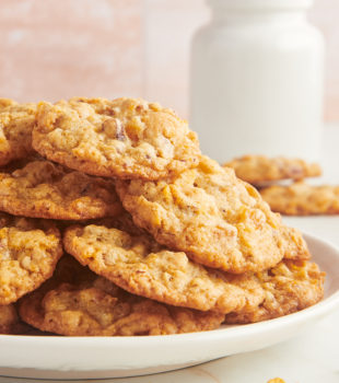 Pile of cornflake cookies on plate
