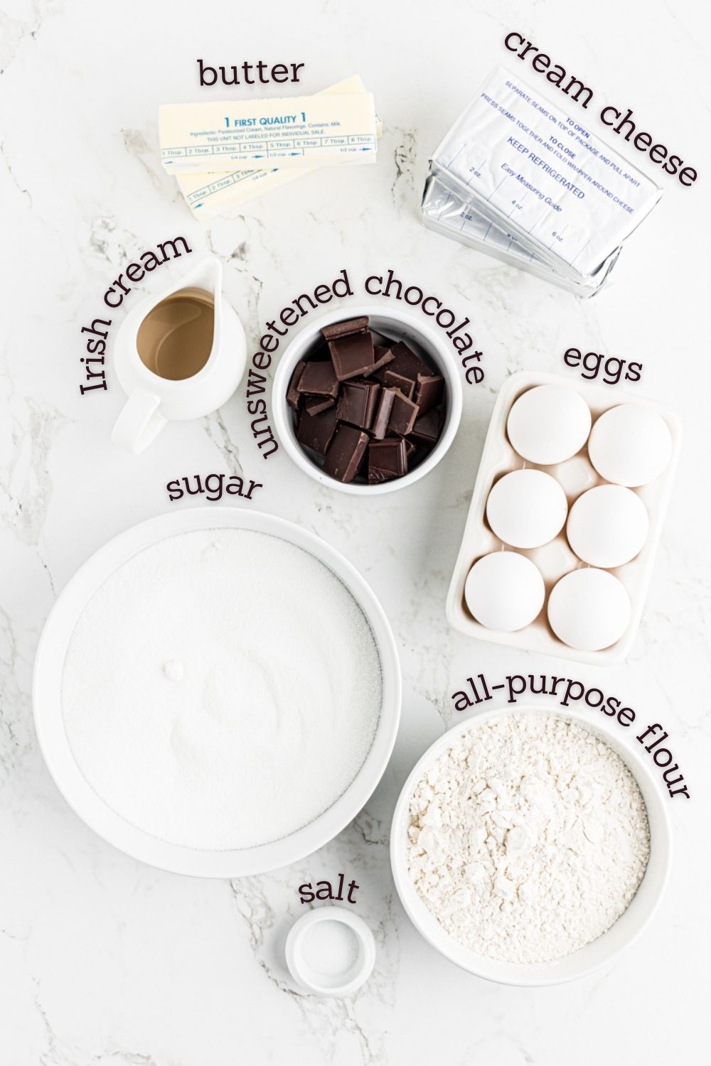 Overhead view of ingredients for Irish cream brownies