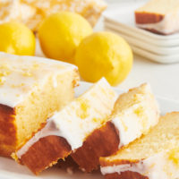 Sliced lemon loaf cake on serving platter