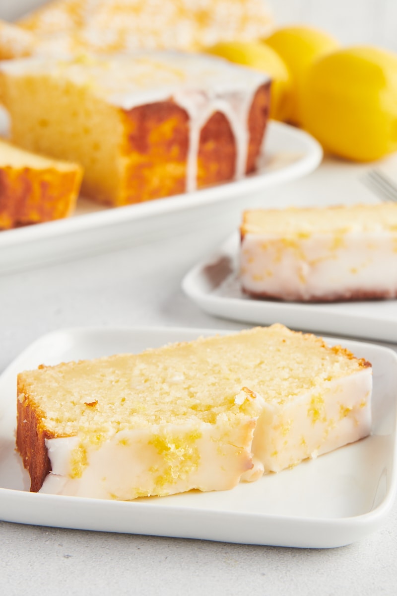 Slices of lemon loaf cake on plates