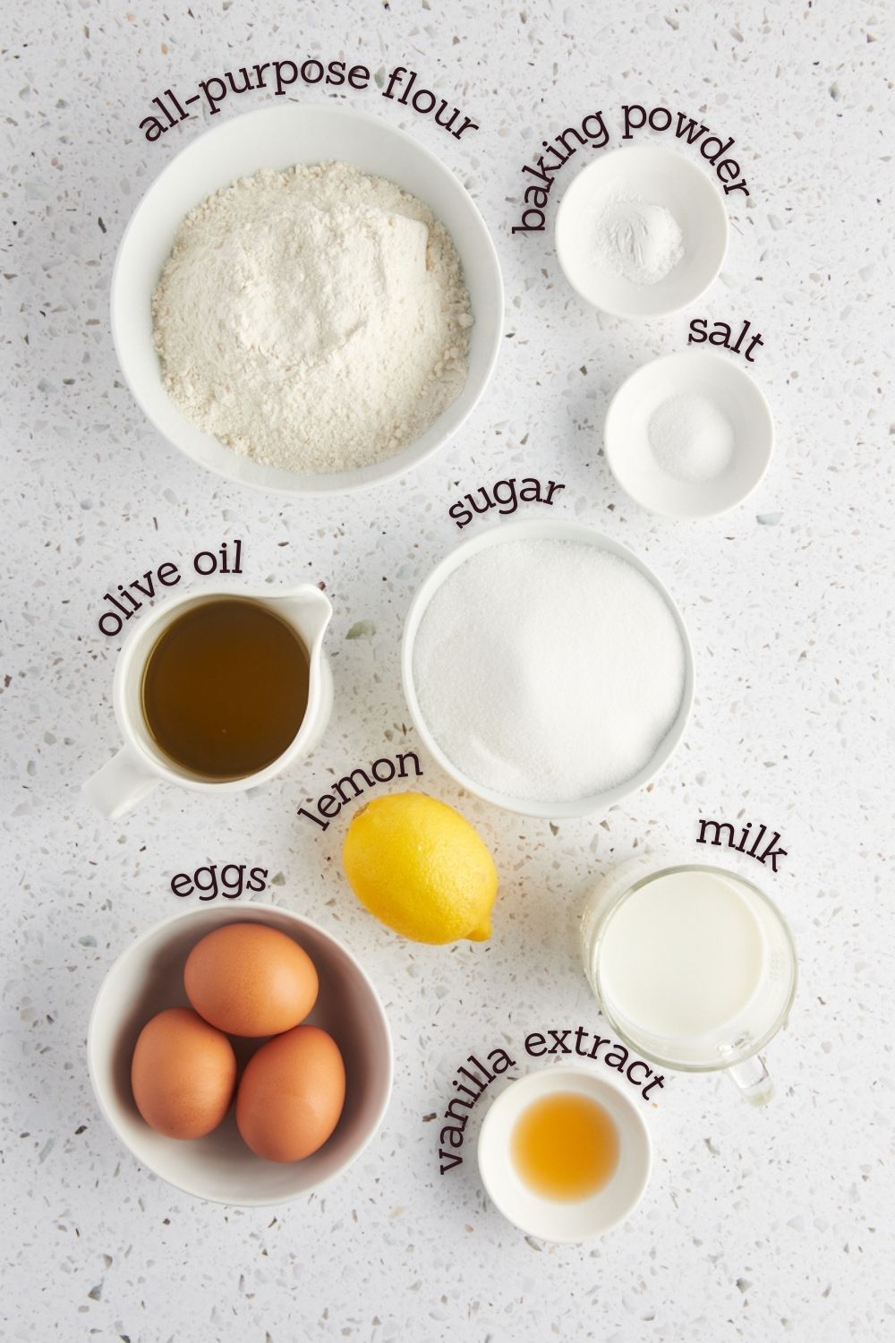 overhead view of ingredients for olive oil cake