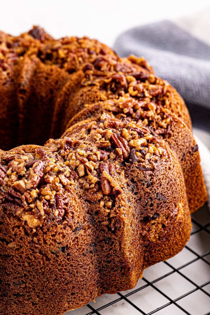 chocolate chip Bundt cake cooling on a wire rack