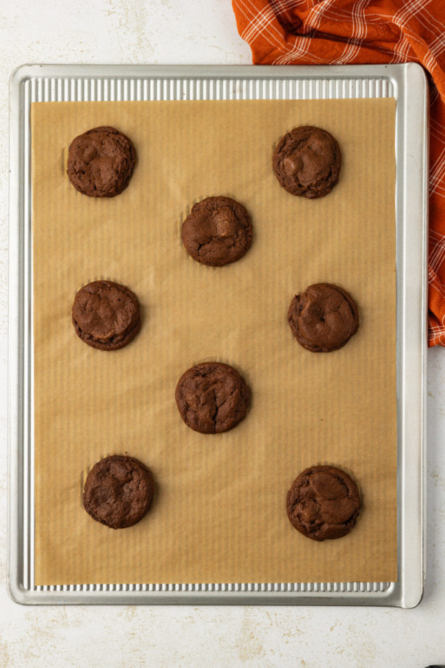 overhead view of freshly baked chocolate peanut butter cookies on a parchment-lined baking sheet