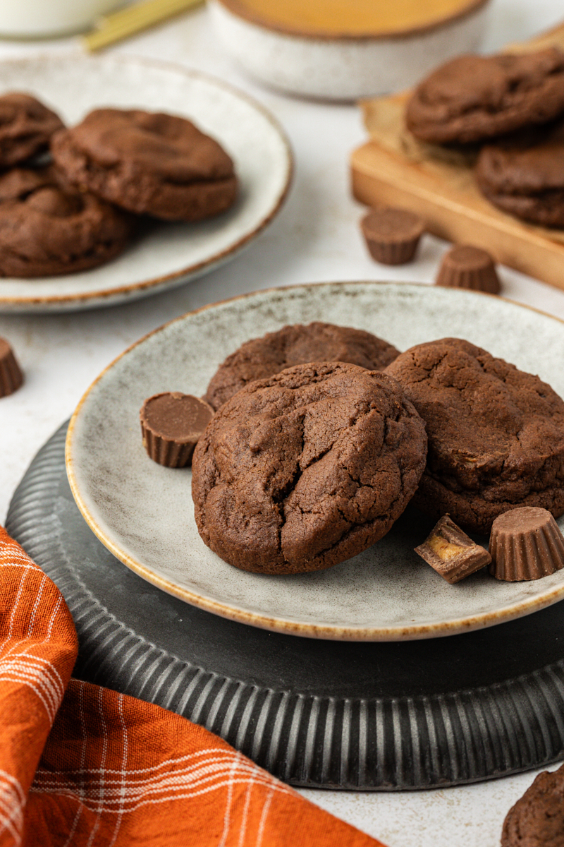 three chocolate peanut butter cookies on a plate with more cookies in the background