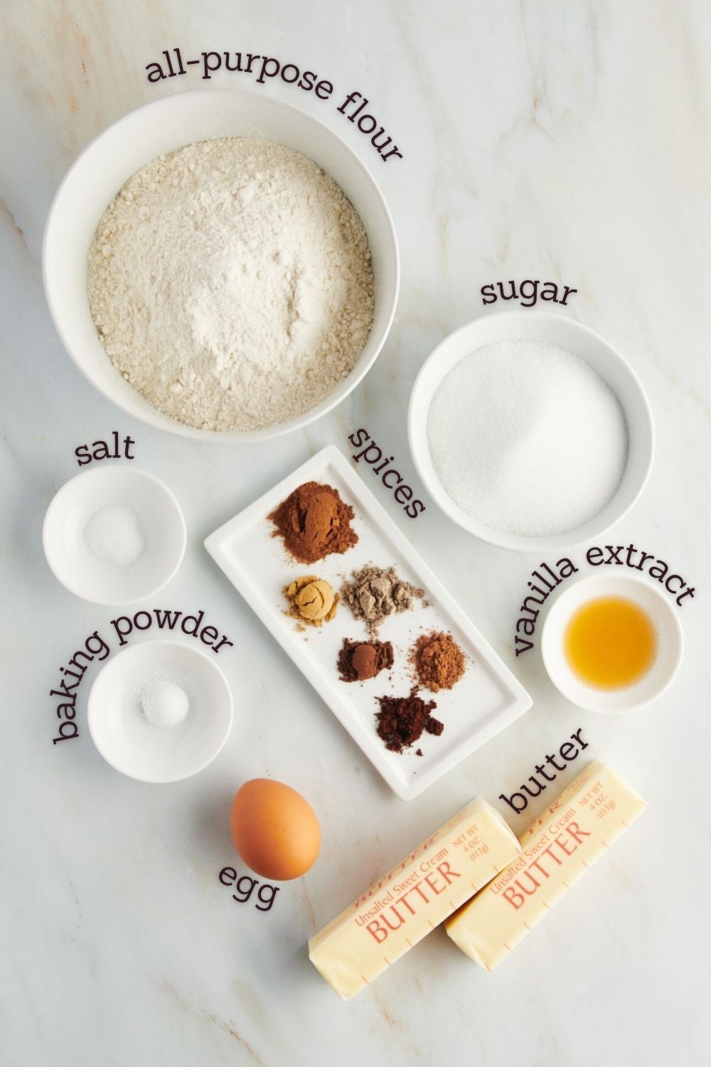 Overhead view of ingredients for chai sugar cookies with labels