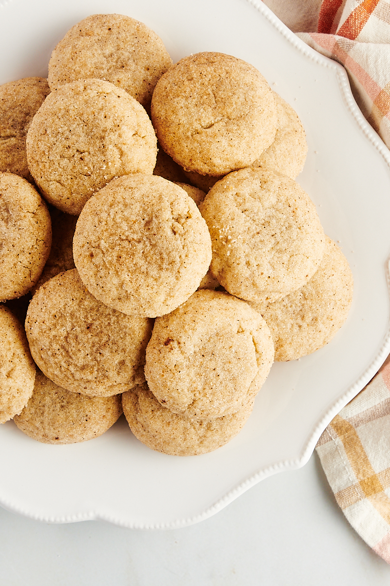 Overhead view of chai sugar cookies piled on platter