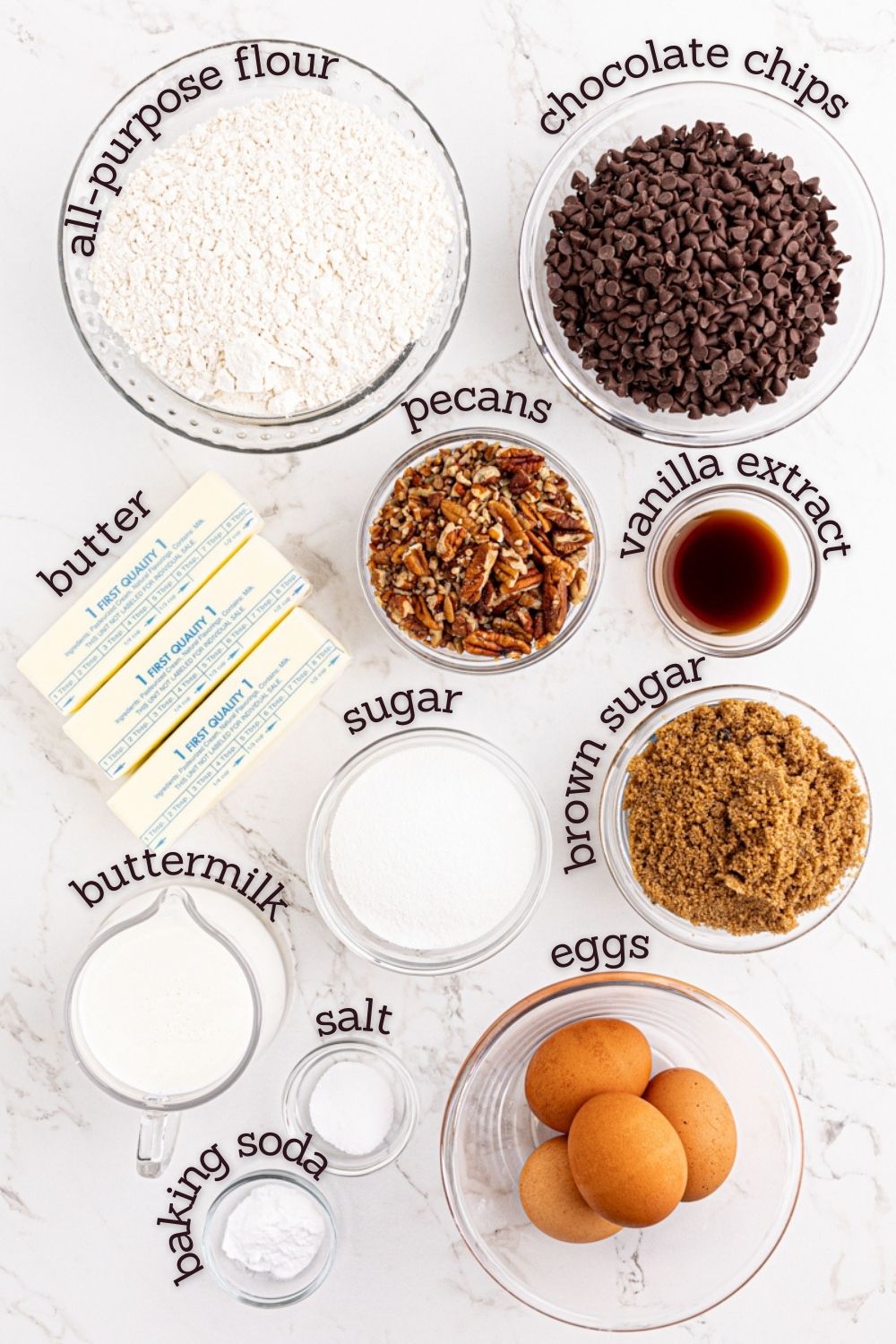 overhead view of ingredients for chocolate chip Bundt cake