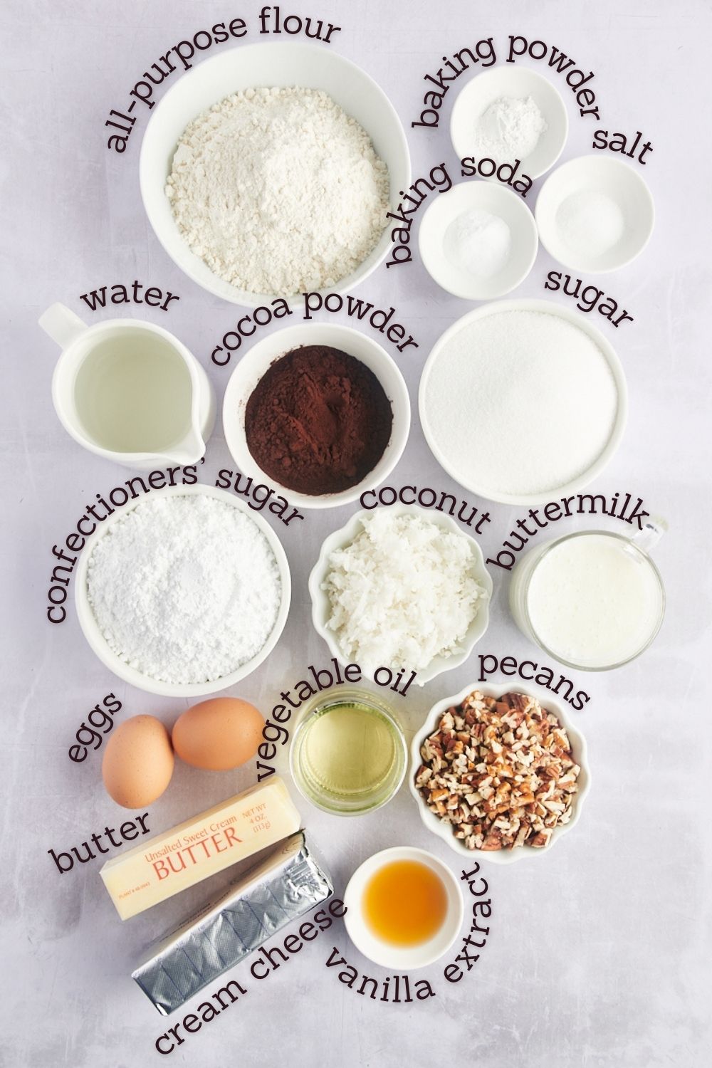 Overhead view of ingredients for earthquake cake with labels
