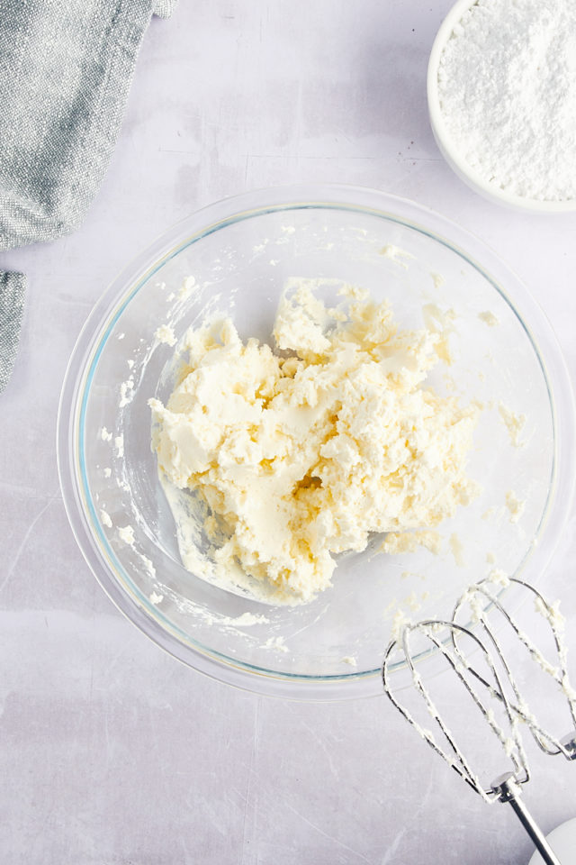 Overhead view of creamed butter and cream cheese