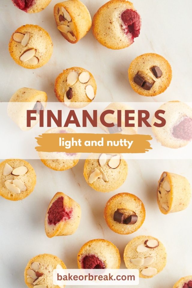 overhead view of financiers scattered over a marble surface; text overlay "financiers light and nutty bakeorbreak.com"