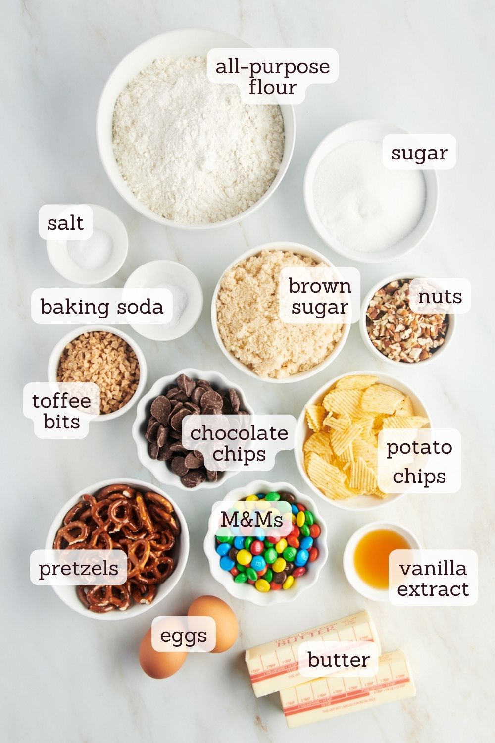 overhead view of ingredients for kitchen sink cookies