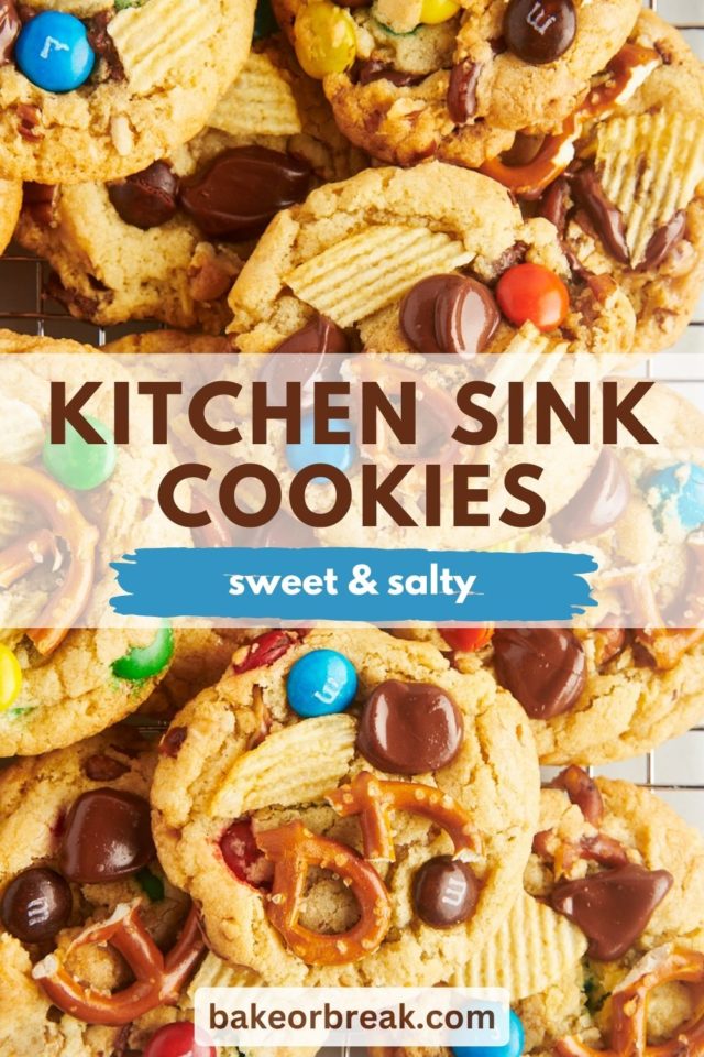 kitchen sink cookies piled on a cooling rack; text overlay "kitchen sink cookies sweet & salty bakeorbreak.com"