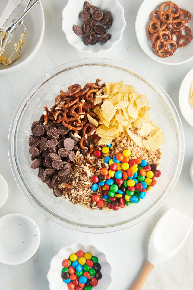 Overhead view of add-ins in mixing bowl with cookie dough