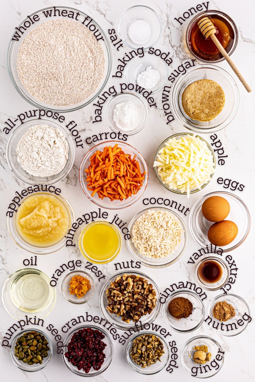 overhead view of ingredients for morning glory muffins
