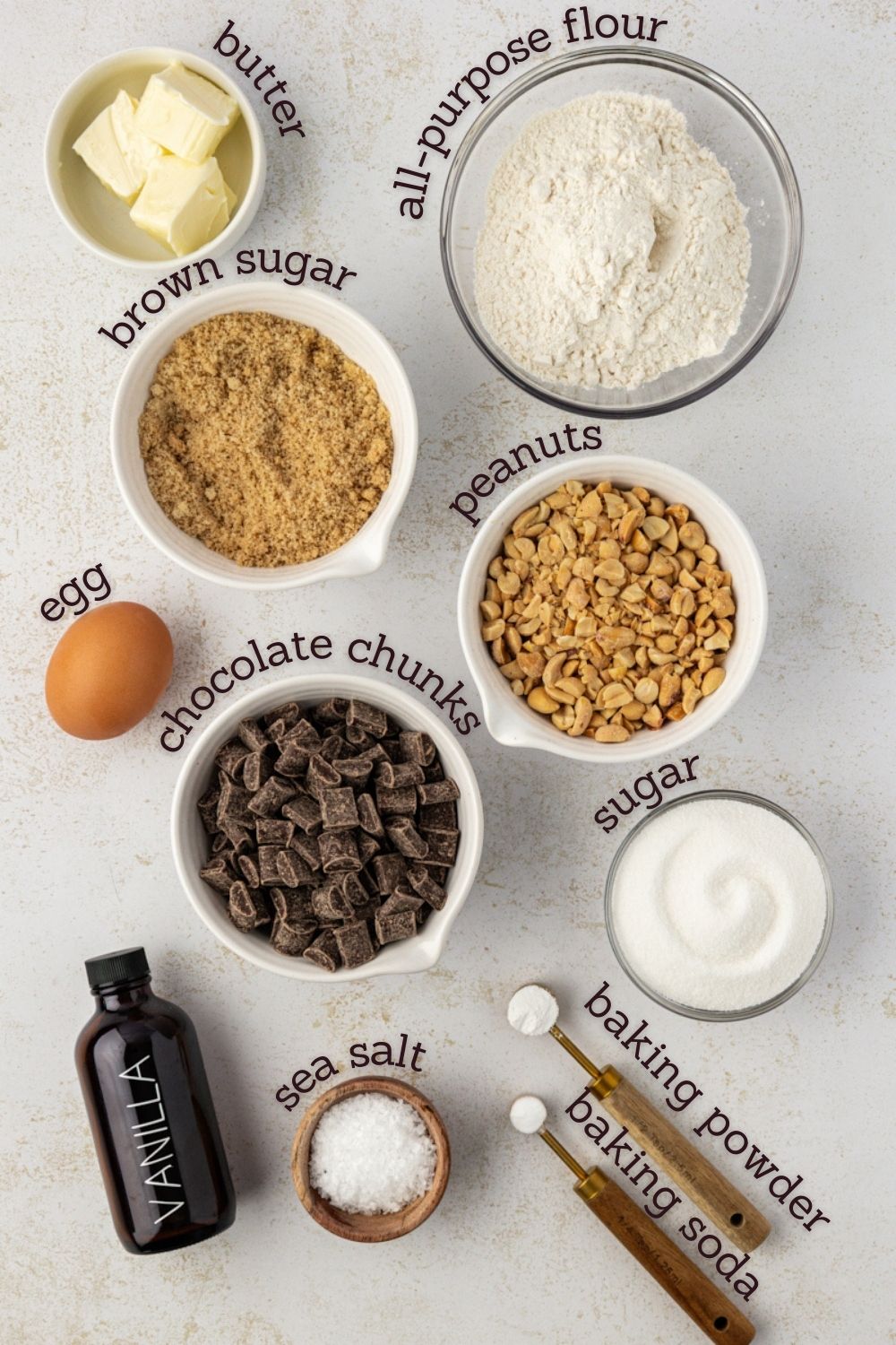 overhead view of ingredients for peanut chocolate chunk cookies