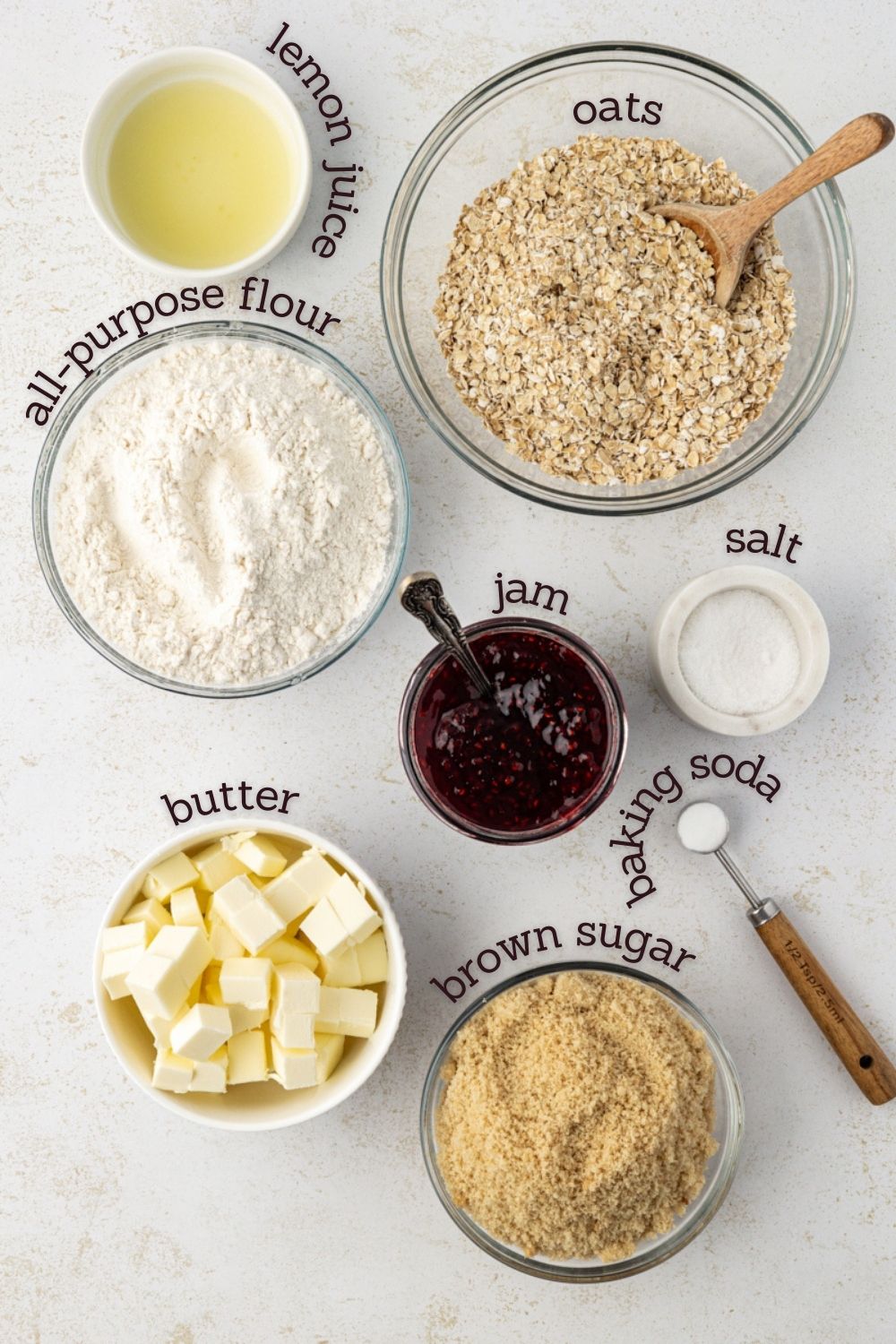 overhead view of ingredients for raspberry oatmeal bars