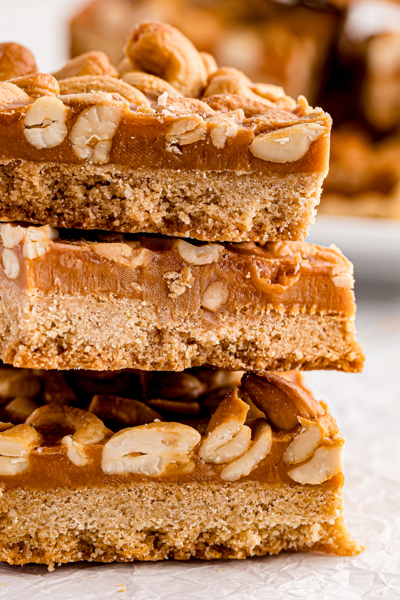 close-up of a stack of three butterscotch cashew bars