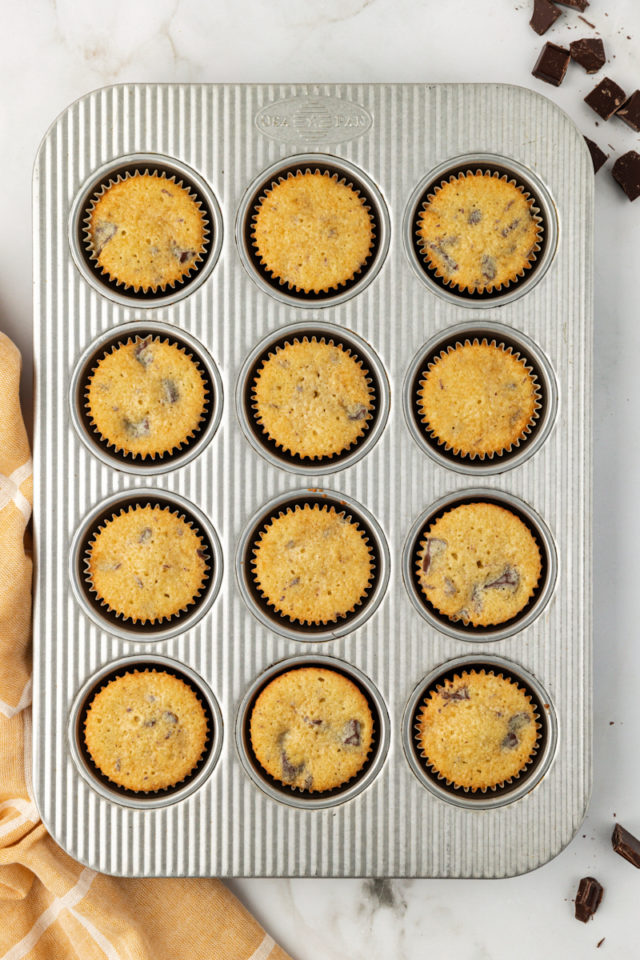 overhead view of freshly baked chocolate chunk cupcakes in a muffin pan