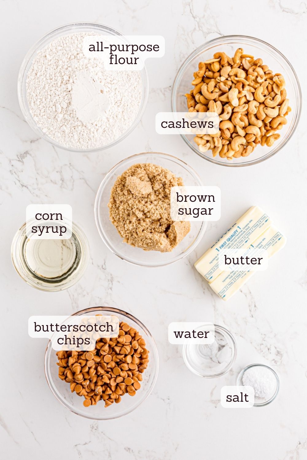 overhead view of ingredients for butterscotch cashew bars