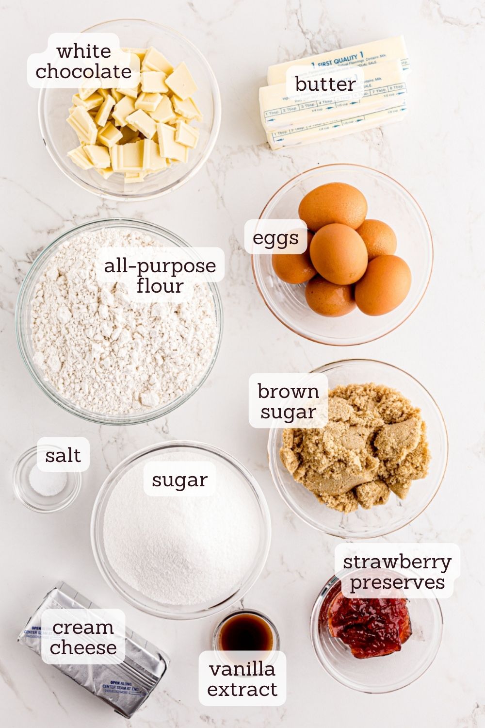 overhead view of ingredients for cream cheese pound cake
