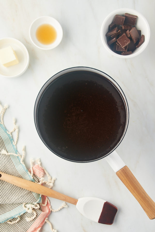 overhead view of first stage of hot fudge sauce in a saucepan