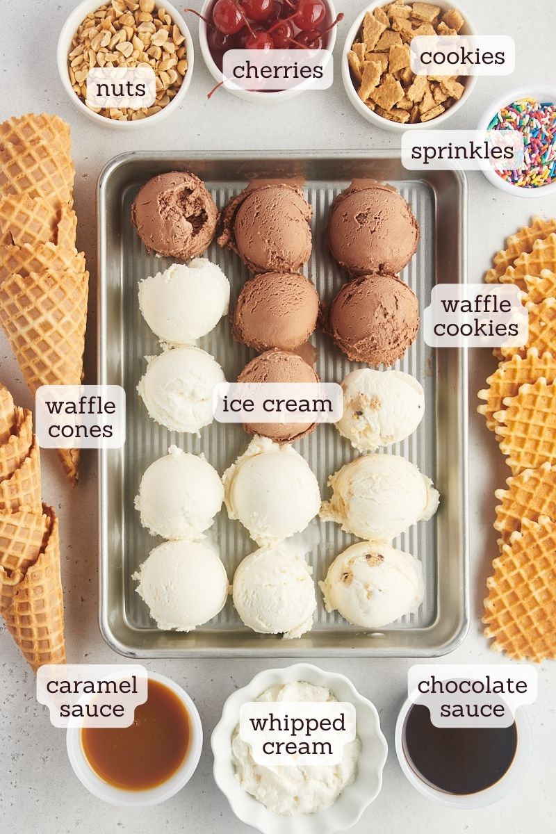 overhead view of ingredients for ice cream nachos