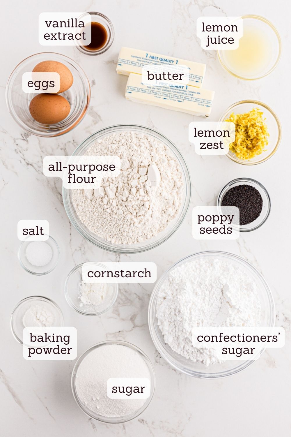 overhead view of ingredients for lemon poppy seed cookies