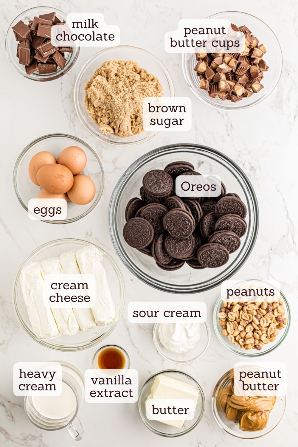 overhead view of ingredients for peanut butter cup cheesecake
