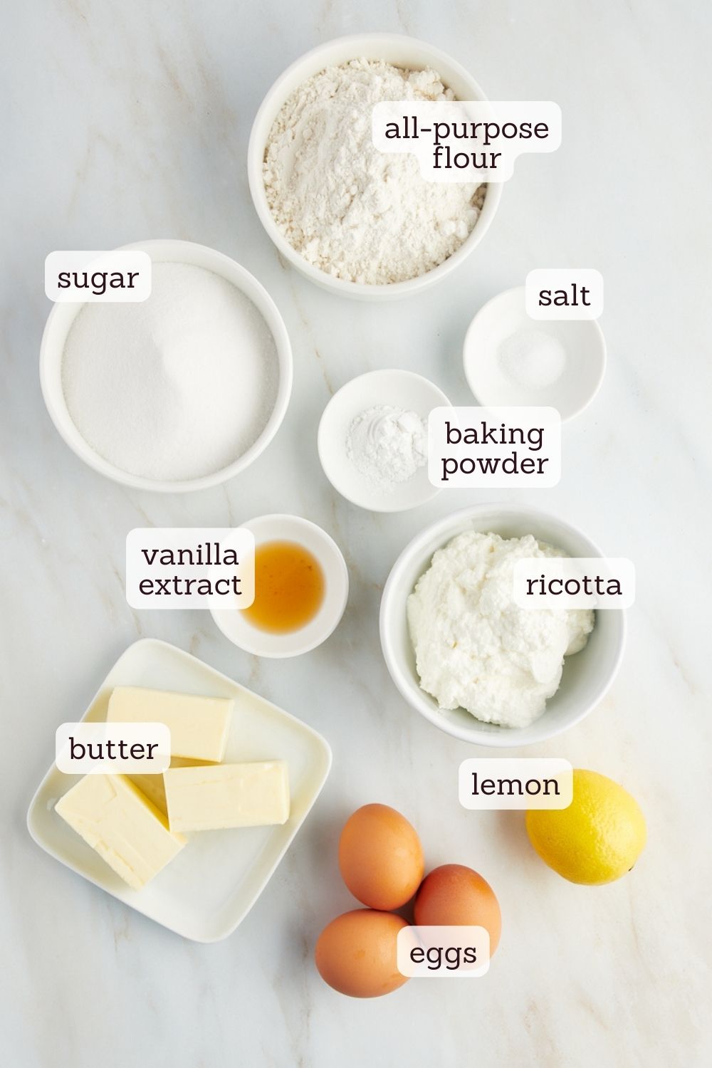 overhead view of ingredients for lemon ricotta cake