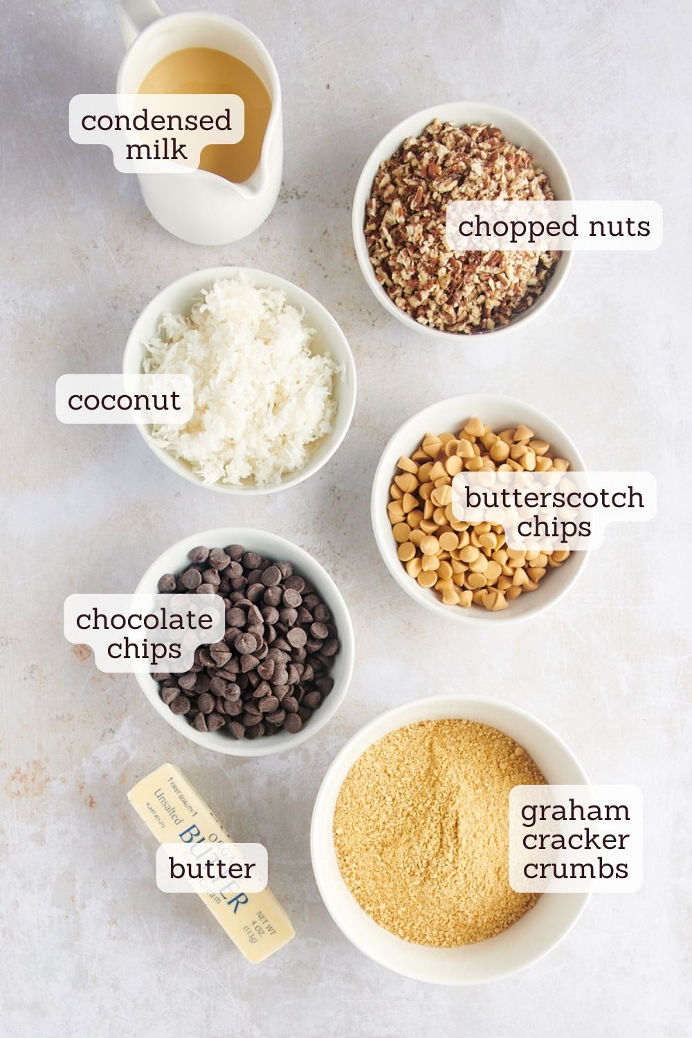 overhead view of ingredients for seven layer bars