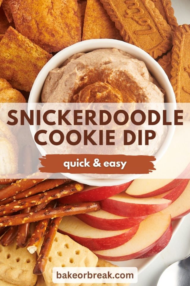 overhead view of snickerdoodle cookie dip in a white bowl on a platter with various dippers; text overlay "snickerdoodle cookie dip quick & easy bakeorbreak.com"