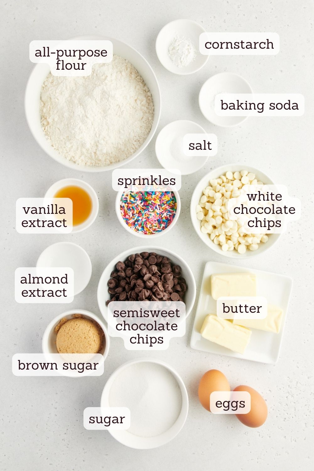 overhead view of ingredients for sprinkle chocolate chip cookies