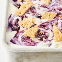 close-up of blueberry cheesecake ice cream in a metal loaf pan