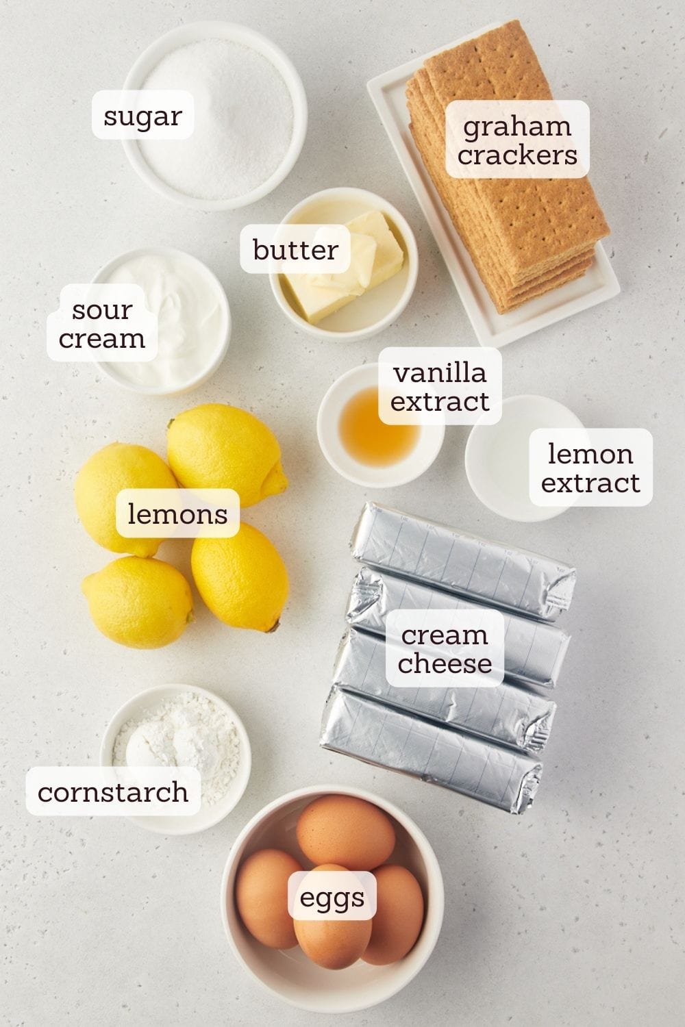 overhead view of ingredients for lemon cheesecake
