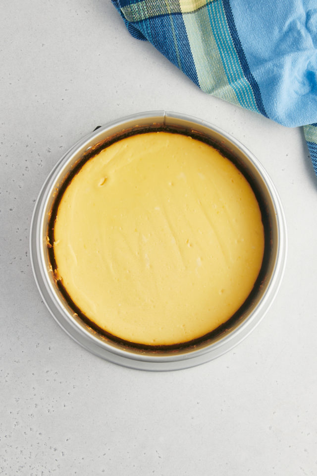 overhead view of freshly baked lemon cheesecake