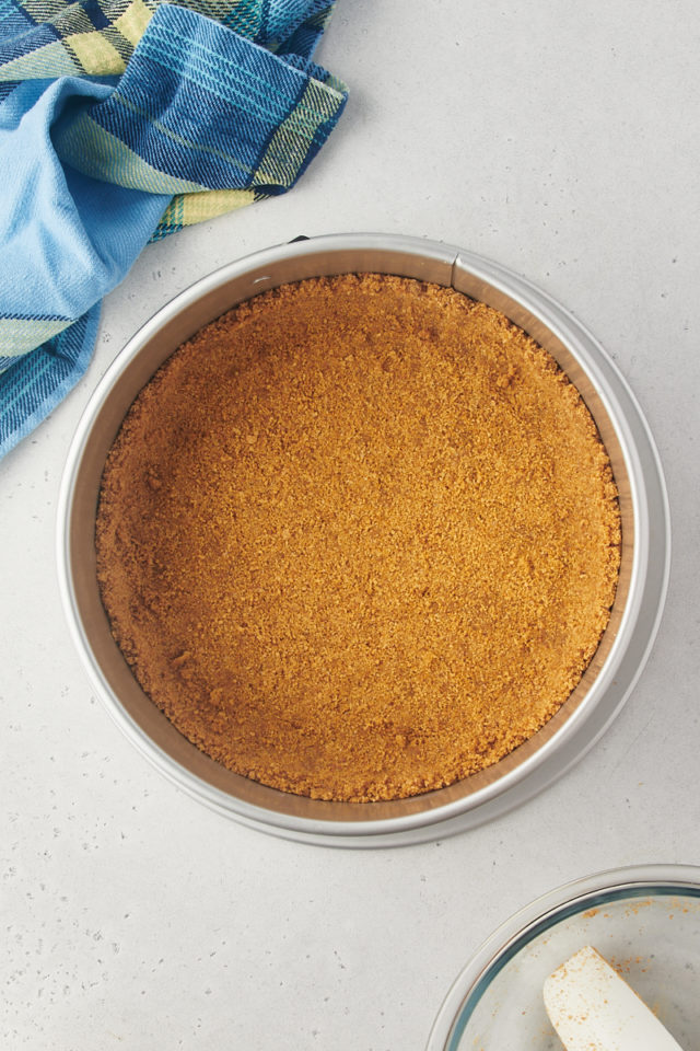 overhead view of graham cracker crust pressed into the bottom of a springform pan