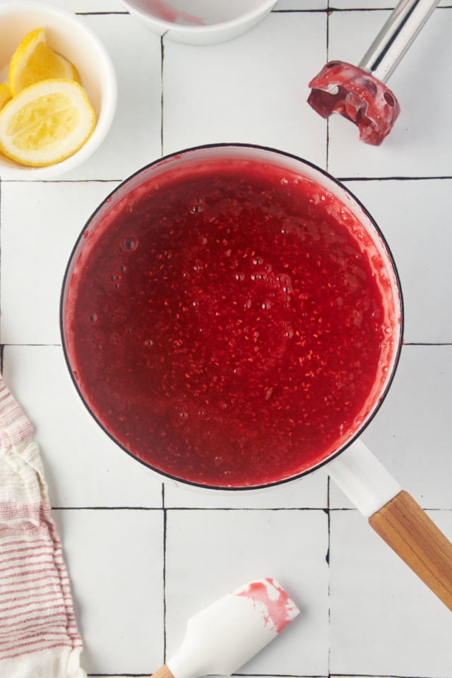 overhead view of cooked raspberry coulis after blending