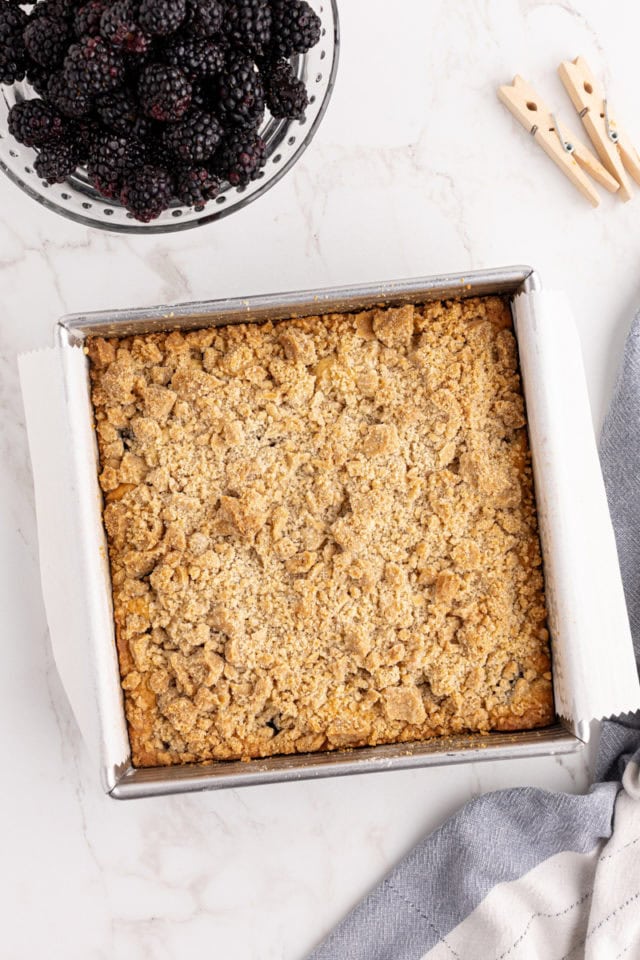 overhead view of freshly baked blackberry crumb bars in a square baking pan