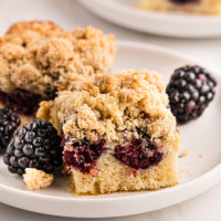 two blackberry crumb bars on a white plate