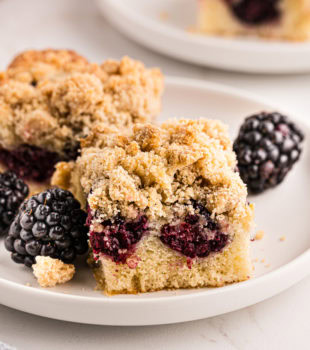 two blackberry crumb bars on a white plate