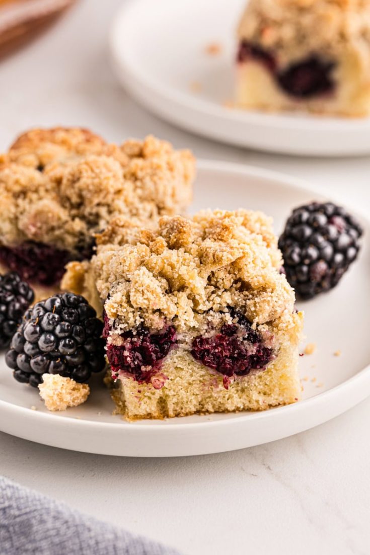 two blackberry crumb bars on a white plate