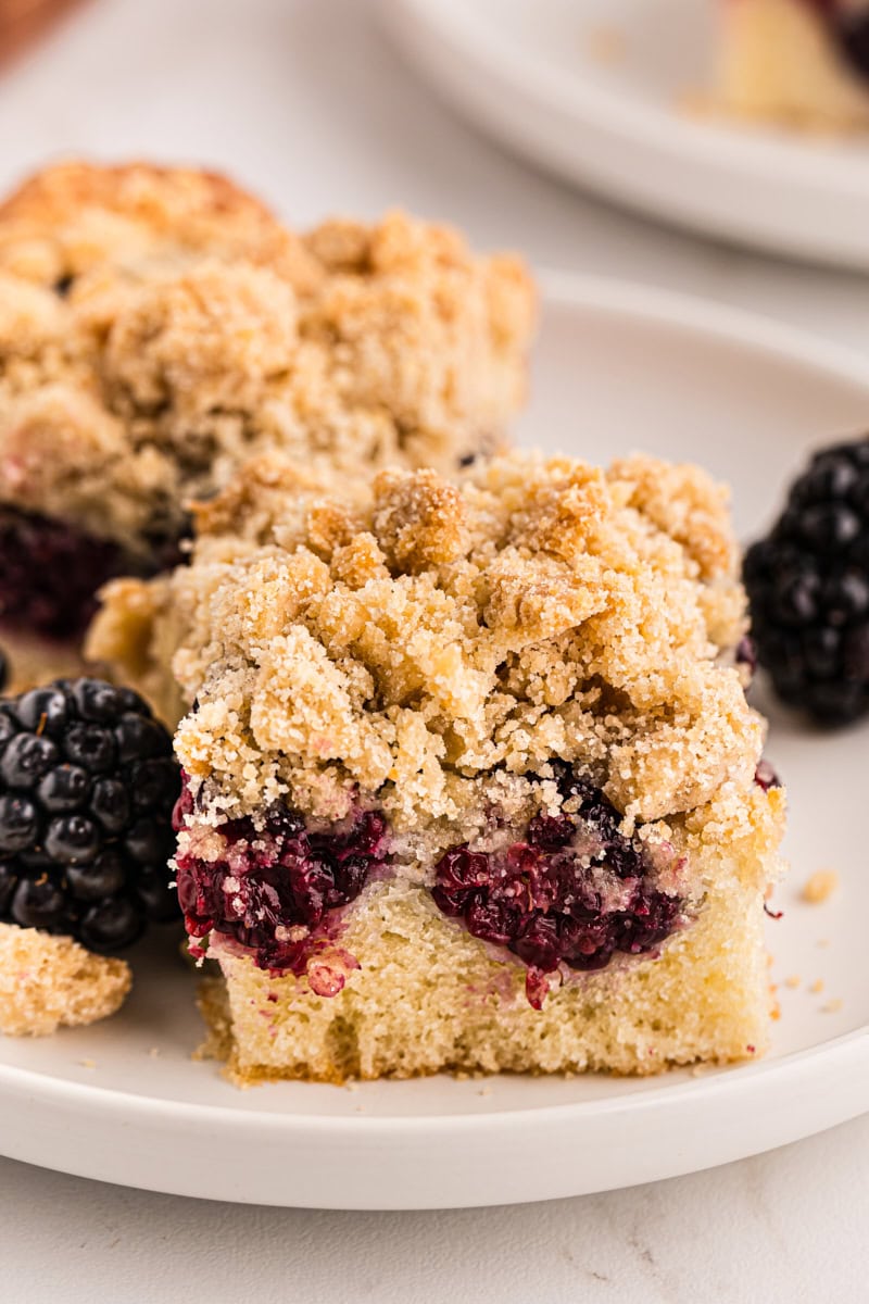 a blackberry crumb bar on a white plate with another bar and blackberries