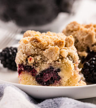 close-up of a blackberry crumb bar on a white plate