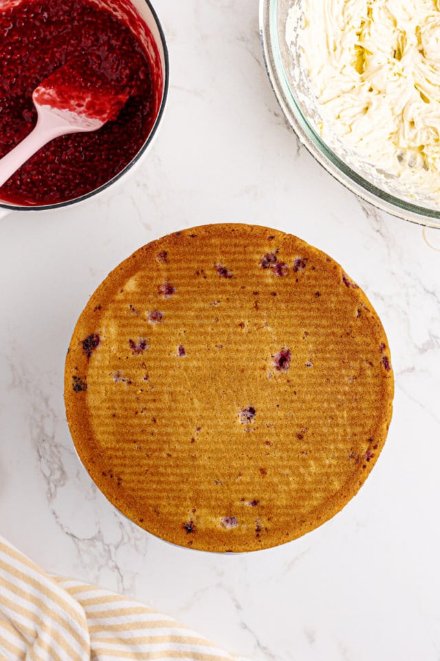 overhead view of a lemon raspberry cake layer