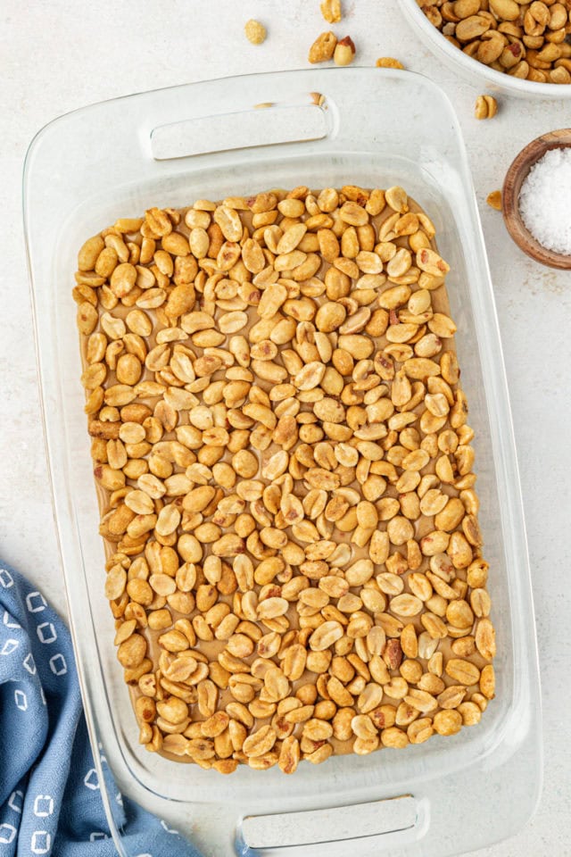 overhead view of assembled salted nut squares in a glass pan