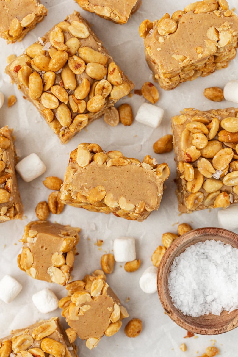 overhead view of salted nut squares on a countertop