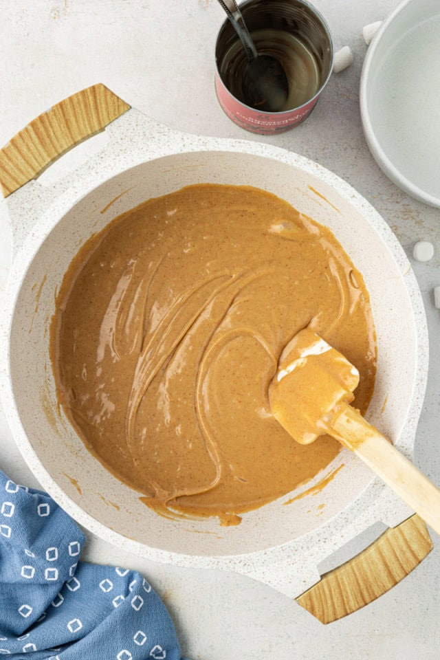 overhead view of mixed peanut butter filling for salted nut squares